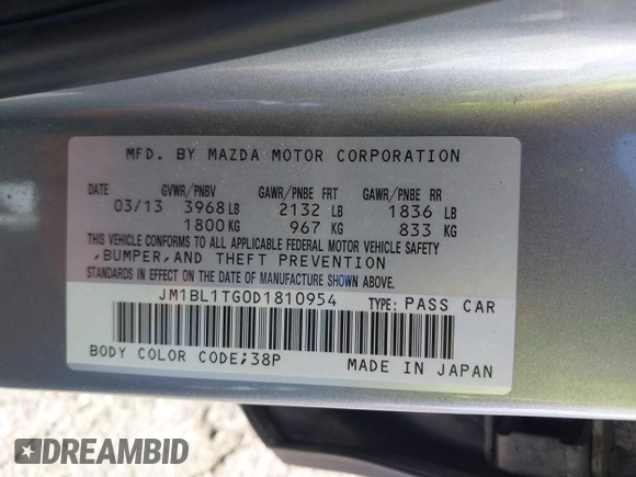 2013 Mazda 3 i SV with VIN JM1BL1TG0D1810954, listed as a IAAI auction lot 42247955 with 95,365 mi miles and . Bid and sale history available at DreamBid. Image 9.