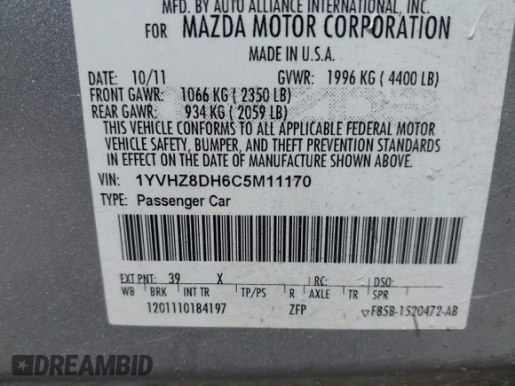 2012 Mazda 6 i Touring with VIN 1YVHZ8DH6C5M11170, listed as a IAAI auction lot 42718545 with 194,902 mi miles and . Bid and sale history available at DreamBid. Image 9.