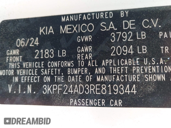 2024 Kia Forte LXS z VIN 3KPF24AD3RE819344, wystawiony jako IAAI lot #42247582 z przebiegiem 5 678 mil mil oraz . Historia ofert i sprzedaży dostępna na DreamBid. Obrazek 9.