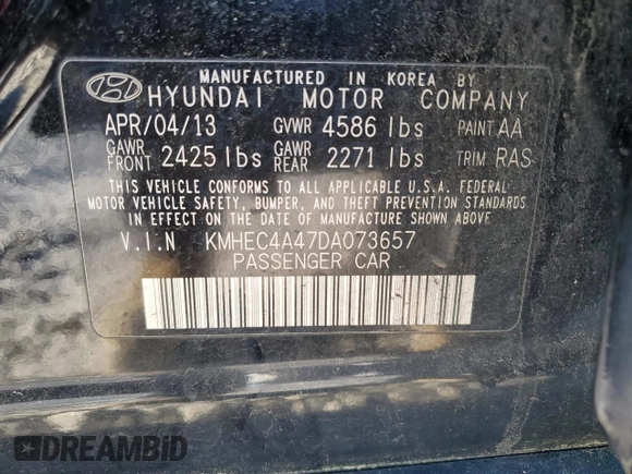 2013 Hyundai Sonata with VIN KMHEC4A47DA073657, listed as a Copart auction lot 52423775 with 150,974 mi miles and Salvage Title. Bid and sale history available at carsss.com. Image 12.
