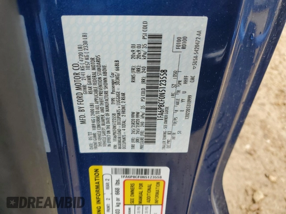 2022 Ford Mustang GT with VIN 1FA6P8CF0N5123558, listed as a Copart auction lot 83417194 with Not Provided miles and Salvage Title. Bid and sale history available at DreamBid. Image 12.