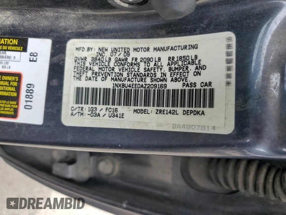 2010 Toyota Corolla with VIN 1NXBU4EE0AZ209169, listed as a Copart auction lot 53502225 with 214,412 mi miles and Salvage title. Bid and sale history available at DreamBid. Image 13.