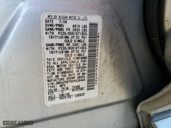 2006 Nissan Murano SL with VIN JN8AZ08T96W429494, listed as a Copart auction lot 73478544 with 0 mi miles and Salvage Title. Bid and sale history available at carsss.com. Image 14.