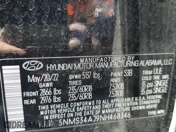 2022 Hyundai Santa Fe SEL z VIN 5NMS34AJ9NH468346, wystawiony jako Copart lot #50541605 z przebiegiem 71 767 mil mil oraz Szkoda całkowita • Salvage title. Historia ofert i sprzedaży dostępna na DreamBid. Obrazek 15.