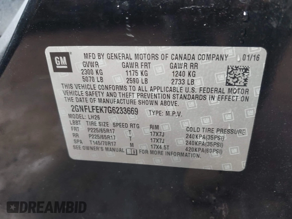 2016 Chevrolet Equinox LT with VIN 2GNFLFEK7G6233669, listed as a IAAI auction lot 39903135 with 120,957 mi miles. Bid and sale history available at carsss.com. Image 9.