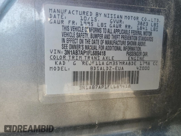 2015 Nissan Sentra SV with VIN 3N1AB7AP1FL689418, listed as a Copart auction lot 52521125 with 123,203 mi miles and Salvage Title. Bid and sale history available at carsss.com. Image 12.