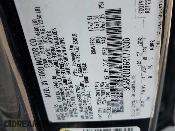 2016 Ford Fusion SE Hybrid with VIN 3FA6P0LU8GR177030, listed as a Copart auction lot 60332805 with 177,885 mi miles and Salvage title. Bid and sale history available at DreamBid. Image 13.