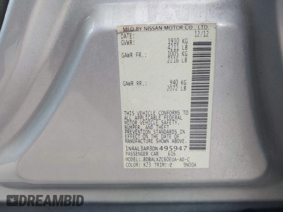 2013 Nissan Altima SV with VIN 1N4AL3AP3DN495947, listed as a IAAI auction lot 42118030 with 155,359 mi miles and . Bid and sale history available at carsss.com. Image 9.