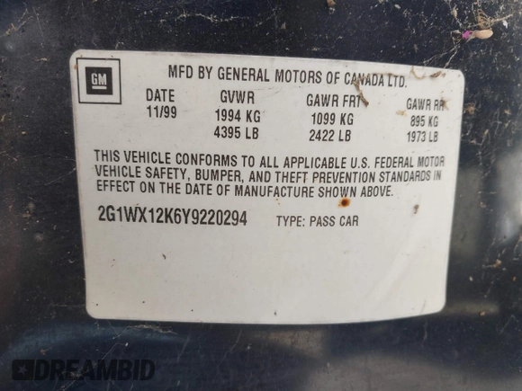 2000 Chevrolet Monte Carlo SS z VIN 2G1WX12K6Y9220294, wystawiony jako IAAI lot #41981864 z przebiegiem Nie podano mil oraz . Historia ofert i sprzedaży dostępna na DreamBid. Obrazek 9.