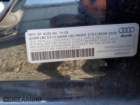 2009 Audi A6 Prestige with VIN WAUWG74F69N013040, listed as a Copart auction lot 43866685 with 141,984 mi miles and Salvage title. Bid and sale history available at DreamBid. Image 14.