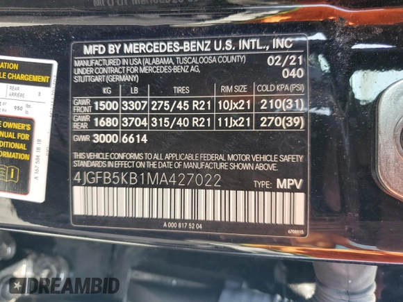 2021 Mercedes-Benz GLE 450 с VIN 4JGFB5KB1MA427022, выставлен на аукционе Copart как лот 58791205 с пробегом 34 919 миль миль и Чистый • Clean title. История ставок и продаж доступна на DreamBid. Изображение 13.
