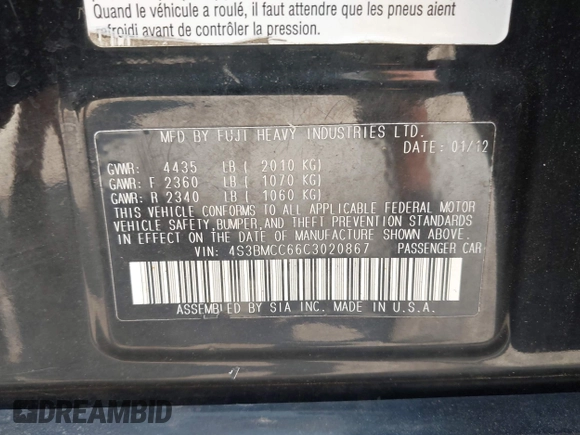 2012 Subaru Legacy Premium с VIN 4S3BMCC66C3020867, выставлен на аукционе IAAI как лот 42412015 с пробегом 153 041 миль миль и . История ставок и продаж доступна на DreamBid. Изображение 9.