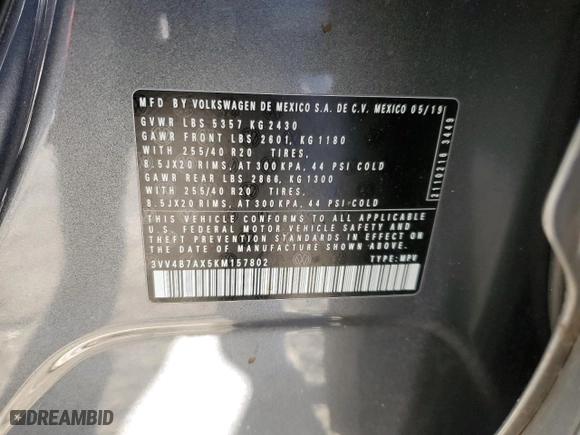 2019 Volkswagen Tiguan SEL Premium with VIN 3VV4B7AX5KM157802, listed as a Copart auction lot 41542975 with 53,377 mi miles and Salvage Title. Bid and sale history available at carsss.com. Image 13.