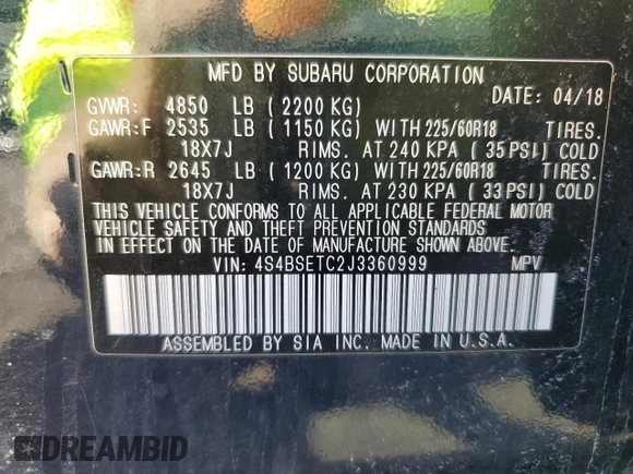 2018 Subaru Outback Touring with VIN 4S4BSETC2J3360999, listed as a Copart auction lot 48767705 with 72,453 mi miles and Salvage title. Bid and sale history available at DreamBid. Image 13.
