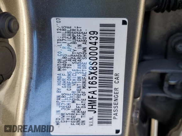 2008 Honda Civic LX with VIN JHMFA165X8S000439, listed as a Copart auction lot 42819265 with 171,916 mi miles and Non Repairable. Bid and sale history available at DreamBid. Image 12.