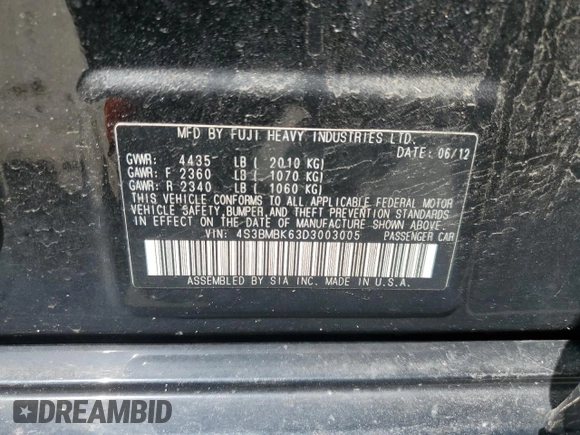 2013 Subaru Legacy Limited with VIN 4S3BMBK63D3003005, listed as a Copart auction lot 54014055 with 101,414 mi miles and Clean Title. Bid and sale history available at DreamBid. Image 12.