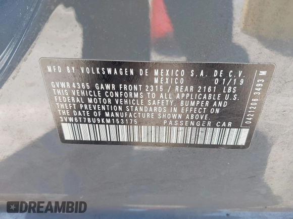 2019 Volkswagen Jetta GLI S z VIN 3VW6T7BU9KM153175, wystawiony jako IAAI lot #42099719 z przebiegiem 90 608 mil mil oraz . Historia ofert i sprzedaży dostępna na DreamBid. Obrazek 9.