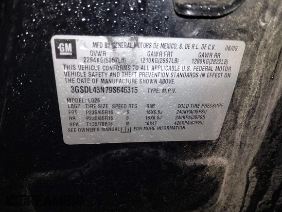 2009 Saturn VUE XE with VIN 3GSDL43N79S646315, listed as a IAAI auction lot 41737209 with 114,978 mi miles. Bid and sale history available at carsss.com. Image 9.