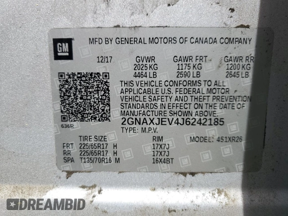 2018 Chevrolet Equinox LT z VIN 2GNAXJEV4J6242185, wystawiony jako Copart lot #53604795 z przebiegiem 146 394 mil mil oraz Szkoda całkowita • Salvage title. Historia ofert i sprzedaży dostępna na DreamBid. Obrazek 15.
