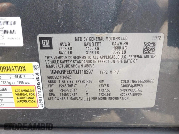 2013 Chevrolet Traverse LS with VIN 1GNKRFED7DJ116297, listed as a IAAI auction lot 41894310 with 180,551 mi miles. Bid and sale history available at carsss.com. Image 9.