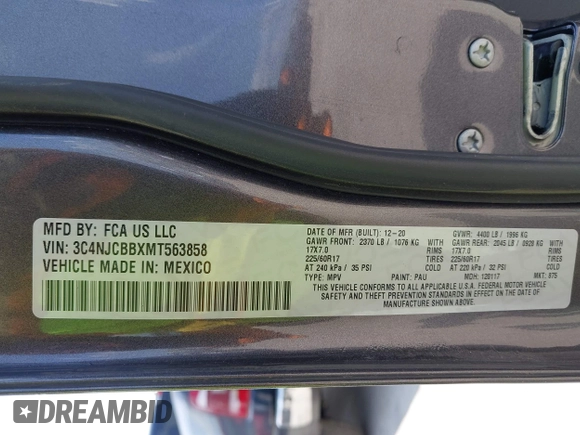 2021 Jeep Compass Latitude with VIN 3C4NJCBBXMT563858, listed as a IAAI auction lot 42327326 with Not provided miles and . Bid and sale history available at DreamBid. Image 9.