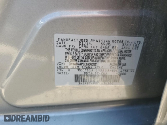 2014 Nissan Sentra SV with VIN 3N1AB7AP0EL636322, listed as a Copart auction lot 56255215 with 137,778 mi miles and Clean Title. Bid and sale history available at DreamBid. Image 12.