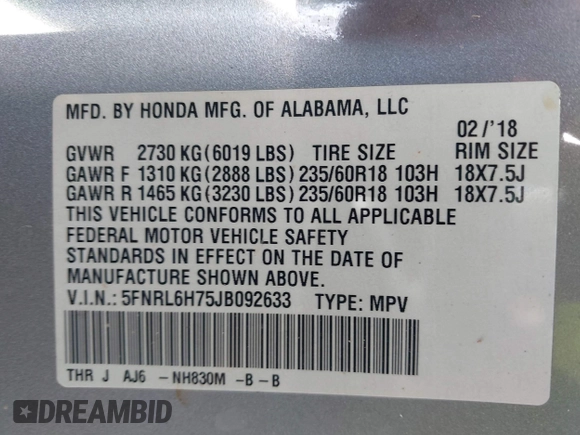 2018 Honda Odyssey EX-L with VIN 5FNRL6H75JB092633, listed as a IAAI auction lot 41971589 with 103,099 mi miles and . Bid and sale history available at DreamBid. Image 9.