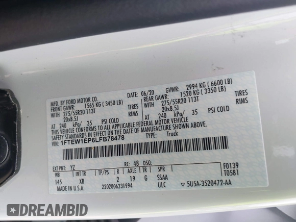 2020 Ford F-150 XL z VIN 1FTEW1EP6LFB78478, wystawiony jako IAAI lot #42370442 z przebiegiem 74 875 mil mil oraz . Historia ofert i sprzedaży dostępna na DreamBid. Obrazek 9.