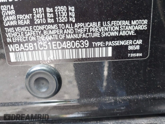2014 BMW 5 Series 535i with VIN WBA5B1C51ED480639, listed as a IAAI auction lot 41257379 with Not Provided miles. Bid and sale history available at carsss.com. Image 9.