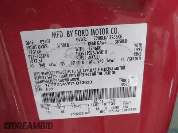 2007 Ford F-150 XLT with VIN 1FTPX14V67FB13030, listed as a IAAI auction lot 42285225 with 105,142 mi miles and . Bid and sale history available at DreamBid. Image 9.