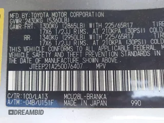 2005 Toyota Highlander z VIN JTEEP21A250076407, wystawiony jako IAAI lot #42050850 z przebiegiem 144 143 mil mil oraz . Historia ofert i sprzedaży dostępna na DreamBid. Obrazek 9.