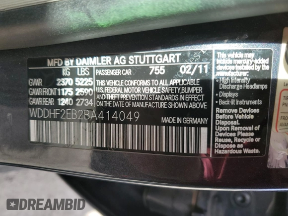 2011 Mercedes-Benz E 350 Luxury with VIN WDDHF2EB2BA414049, listed as a Copart auction lot 43645705 with 203,468 mi miles and Salvage title. Bid and sale history available at DreamBid. Image 12.