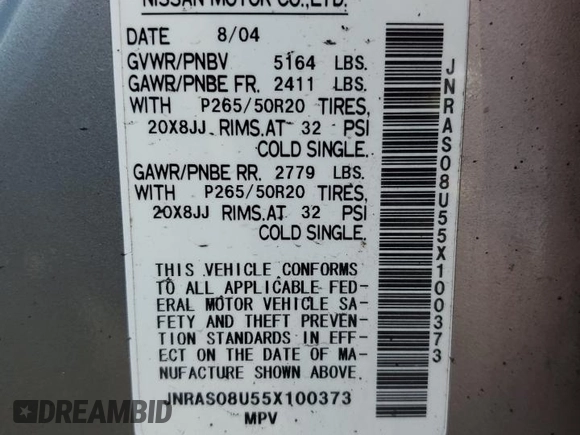 2005 Infiniti FX с VIN JNRAS08U55X100373, выставлен на аукционе Copart как лот 87104814 с пробегом 260 222 миль миль и Чистый • Clean title. История ставок и продаж доступна на DreamBid. Изображение 13.