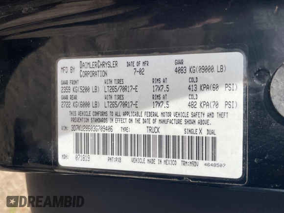 2003 Dodge Ram 2500 ST with VIN 3D7KU28603G709406, listed as a Copart auction lot 84349524 with 0 mi miles and Salvage Title. Bid and sale history available at carsss.com. Image 10.