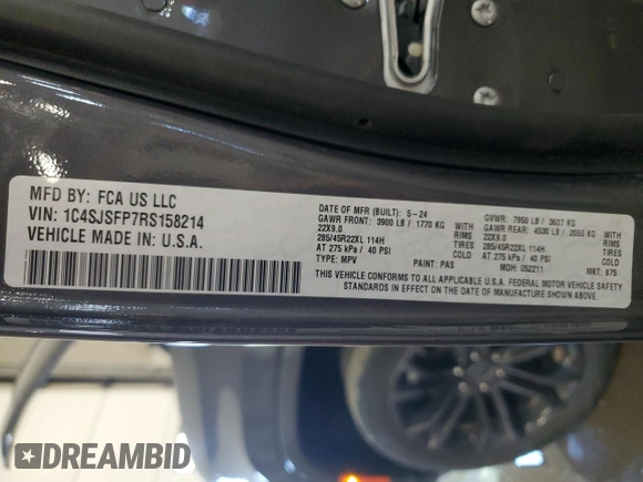2024 Jeep Grand Wagoneer Series II с VIN 1C4SJSFP7RS158214, выставлен на аукционе Copart как лот 59907245 с пробегом 37 365 миль миль и Чистый • Clean title. История ставок и продаж доступна на DreamBid. Изображение 14.