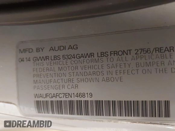 2014 Audi A6 Premium Plus with VIN WAUFGAFC7EN146819, listed as a IAAI auction lot 42072873 with 151,036 mi miles and . Bid and sale history available at DreamBid. Image 9.