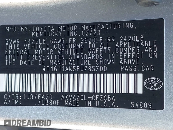 2023 Toyota Camry SE z VIN 4T1G11AK5PU785700, wystawiony jako IAAI lot #41845003 z przebiegiem 21 207 mil mil oraz . Historia ofert i sprzedaży dostępna na DreamBid. Obrazek 9.