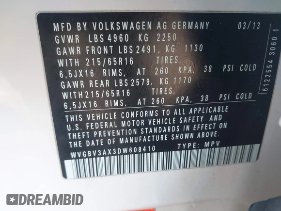 2013 Volkswagen Tiguan SE z VIN WVGBV3AX3DW608410, wystawiony jako IAAI lot #41397876 z przebiegiem 119 867 mil mil oraz . Historia ofert i sprzedaży dostępna na DreamBid. Obrazek 9.