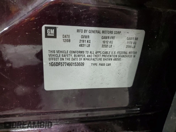 2009 Cadillac CTS RWD с VIN 1G6DF577490153609, выставлен на аукционе Copart как лот 56169675 с пробегом 278 316 миль миль и Списание • Salvage title. История ставок и продаж доступна на DreamBid. Изображение 12.