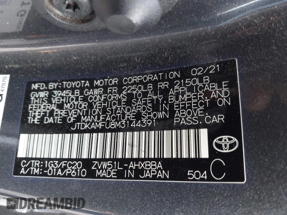 2021 Toyota Prius L Eco with VIN JTDKAMFU8M3144391, listed as a IAAI auction lot 42477718 with 314,346 mi miles and . Bid and sale history available at DreamBid. Image 9.