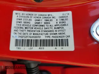 2018 Honda Civic EX with VIN 2HGFC2F74JH530701, listed as a Copart auction lot 74676554 with 69,624 mi miles and Salvage Title. Bid and sale history available at DreamBid. Image 12.