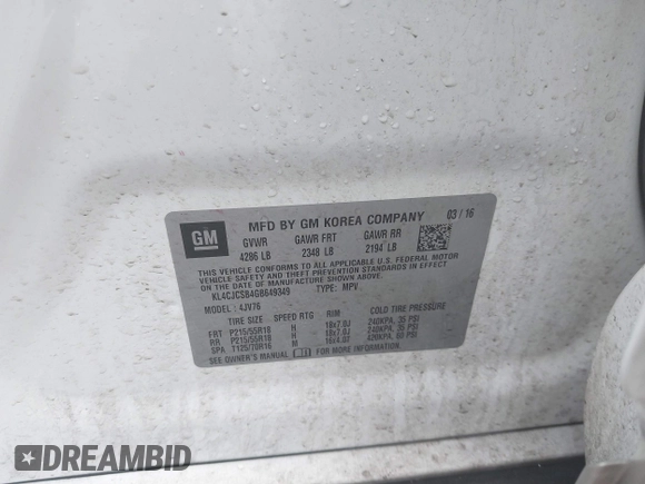 2016 Buick Encore Leather with VIN KL4CJCSB4GB649349, listed as a IAAI auction lot 41485324 with 124,764 mi miles and . Bid and sale history available at DreamBid. Image 9.