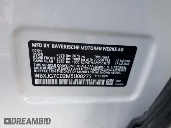 2021 BMW X1 sDrive28i with VIN WBXJG7C02M5U08273, listed as a Copart auction lot 45777903 with 15,741 mi miles and . Bid and sale history available at DreamBid. Image 16.