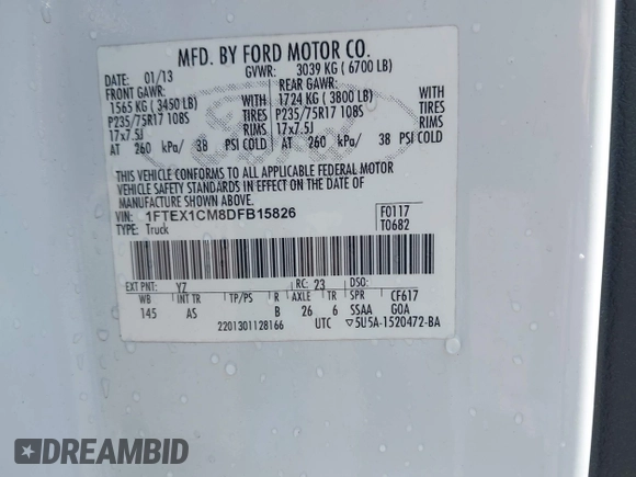 2013 Ford F-150 XL with VIN 1FTEX1CM8DFB15826, listed as a IAAI auction lot 42471324 with 354,738 mi miles and . Bid and sale history available at DreamBid. Image 9.