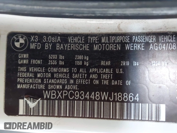 2008 BMW X3 3.0si with VIN WBXPC93448WJ18864, listed as a IAAI auction lot 42080625 with 190,322 mi miles. Bid and sale history available at carsss.com. Image 9.