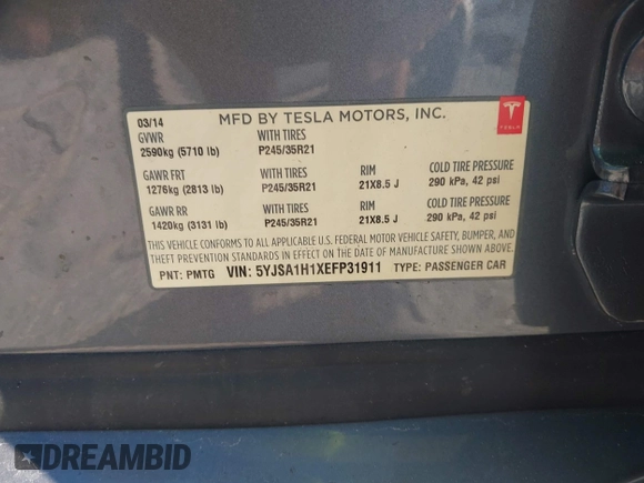 2014 Tesla Model S 60 with VIN 5YJSA1H1XEFP31911, listed as a IAAI auction lot 42029215 with Not Provided miles and . Bid and sale history available at DreamBid. Image 9.