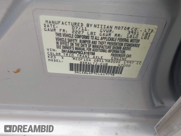 2012 Nissan Sentra SR z VIN 3N1AB6AP9CL619798, wystawiony jako IAAI lot #42382829 z przebiegiem 228 667 mil mil oraz . Historia ofert i sprzedaży dostępna na DreamBid. Obrazek 9.