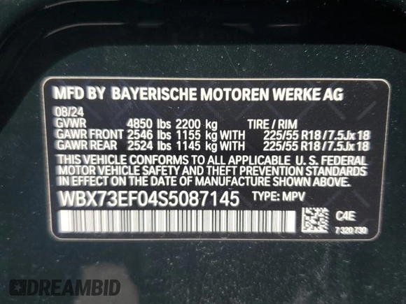 2025 BMW X1 xDrive28i z VIN WBX73EF04S5087145, wystawiony jako Copart lot #55381395 z przebiegiem 2551 mil mil oraz Szkody całkowita. Historia ofert i sprzedaży dostępna na DreamBid. Obrazek 13.