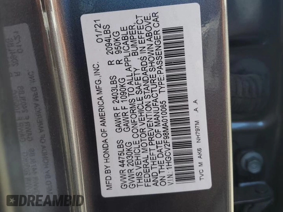 2021 Honda Accord Touring with VIN 1HGCV2F98MA010065, listed as a Copart auction lot 57679615 with 16,748 mi miles and Salvage title. Bid and sale history available at DreamBid. Image 13.