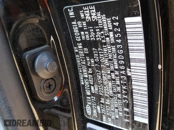 2013 Kia Sorento LX with VIN 5XYKT3A69DG345242, listed as a Copart auction lot 50469915 with 154,112 mi miles and Salvage title. Bid and sale history available at DreamBid. Image 13.